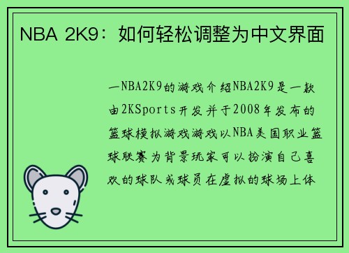 NBA 2K9：如何轻松调整为中文界面